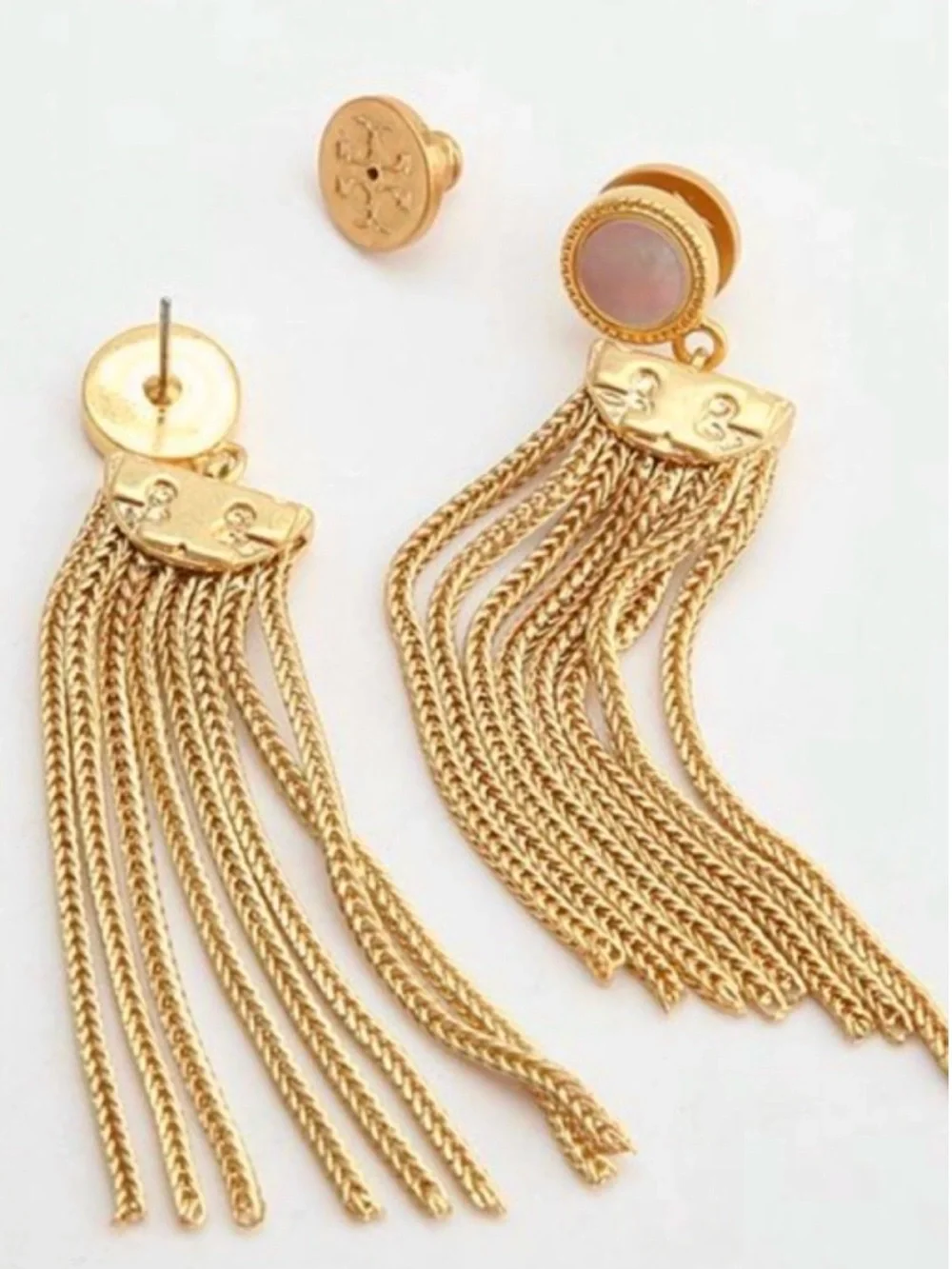 Tory Burch Dramatic Gold ChainTassel Earrings MOP Cabochon Pierced/Post